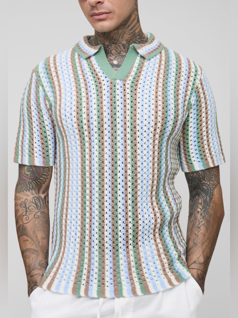 Boohooman Tall Stripe Crochet Regular Fit Polo Shirt XL